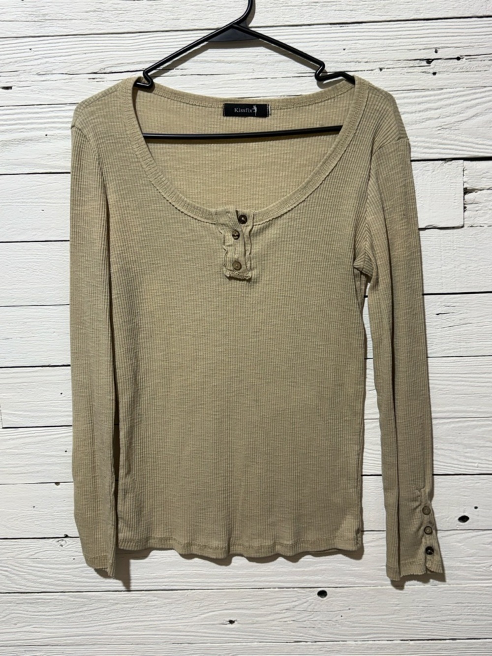 Kensie Long Sleeve Ribbed Henley Top — Taupe Relaxed Fit Casual